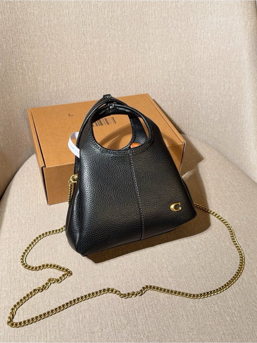 Black Pebble Leather Mini Crossbody with Gold Chain